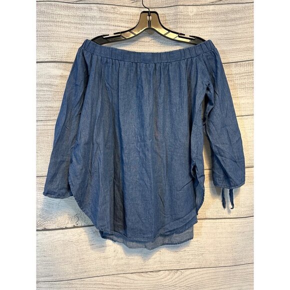Off-The-Shoulder Chambray Top Tie Sleeves Size S - Picture 3 of 3